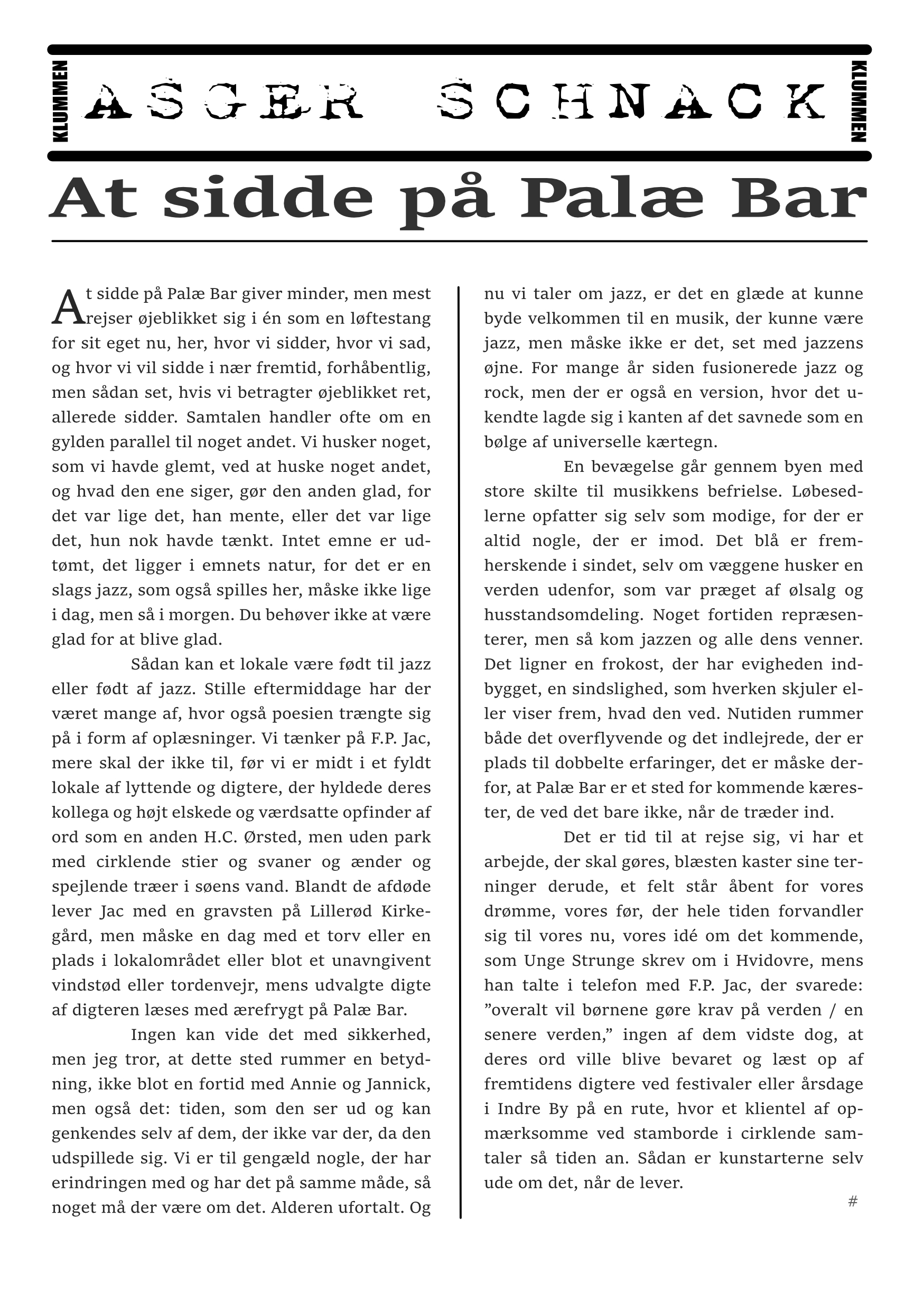 Asger Schnack | digt: At sidde på Palæ Bar 